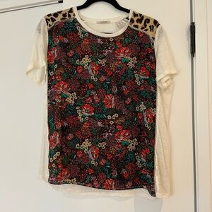 Scotch and Soda Floral and Leopard Print Women's Top with linen sleeves and back